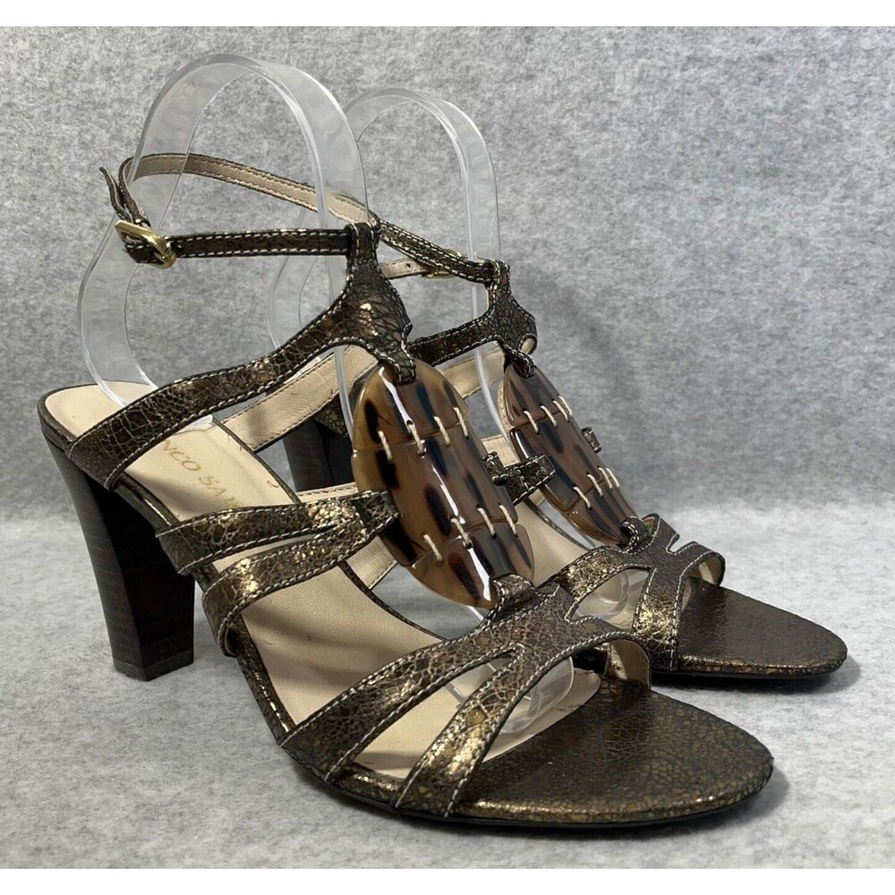 Franco Sarto Ives Sandal Women's 9 M Bronze Cone Heel Ankle Strap‎ Leather Upper